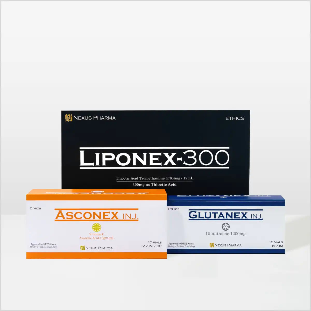 Glutanex 1200mg with Liponex-300 and Asconex Whitening Injections – Made in Korea